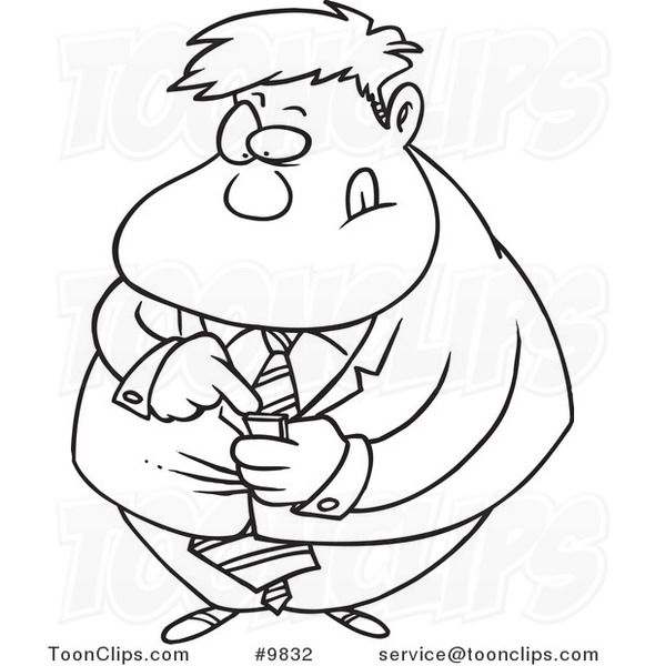 Cartoon Black and White Line Drawing of a Business Man Using a PDA