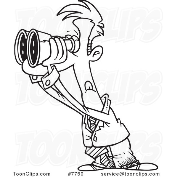 Cartoon Black and White Line Drawing of a Business Man Viewing the Forecast Through Binoculars