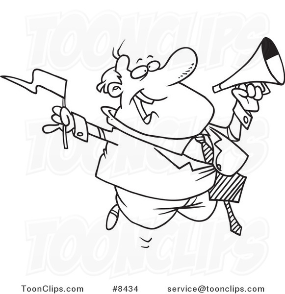 Cartoon Black and White Line Drawing of a Business Man Waving a Flag and Using a Megaphone