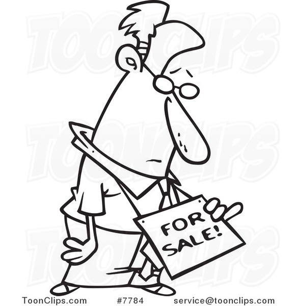 Cartoon Black and White Line Drawing of a Business Man Wearing a for Sale Sign on His Neck