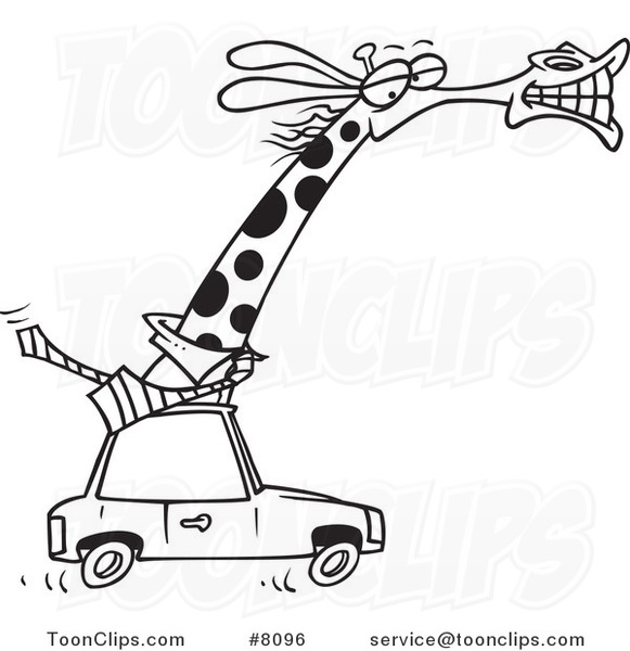 Cartoon Black and White Line Drawing of a Business Rhino Commuting by Car