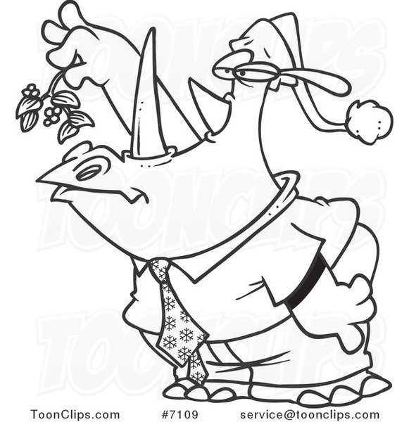 Cartoon Black and White Line Drawing of a Business Rhino Holding Mistletoe and Puckering