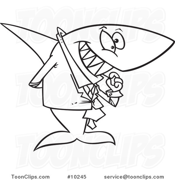 Cartoon Black and White Line Drawing of a Business Shark Picking His Teeth
