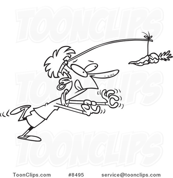 Cartoon Black and White Line Drawing of a Business Woman Chasing After a Carrot
