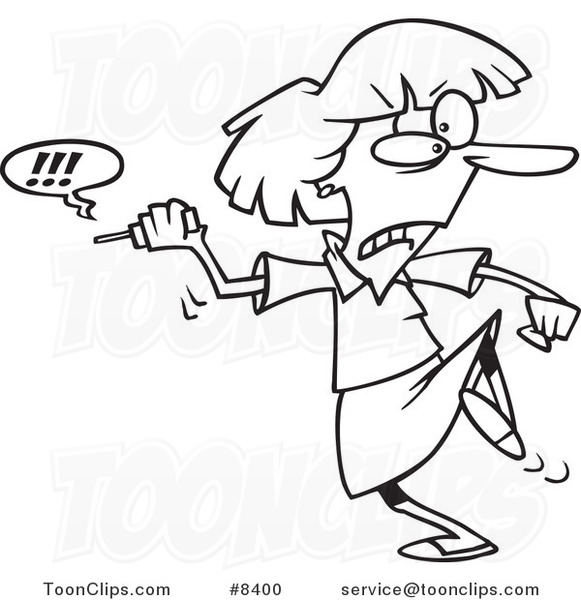 Cartoon Black and White Line Drawing of a Business Woman Fed up with Her Cell Phone