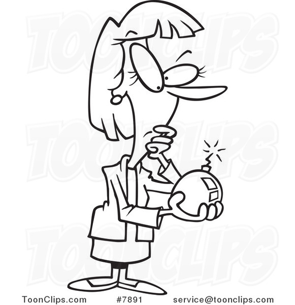 Cartoon Black and White Line Drawing of a Business Woman Holding a Bomb