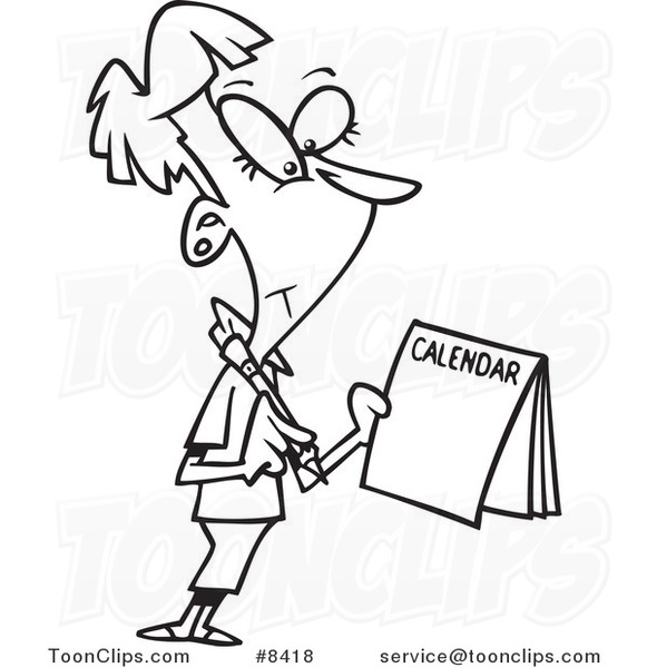 Cartoon Black and White Line Drawing of a Business Woman Marking Her Calendar