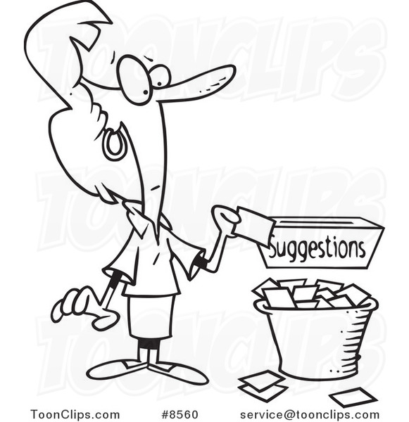 Cartoon Black and White Line Drawing of a Business Woman Putting a  Complaint in a Suggestion Box #8560 by Ron Leishman