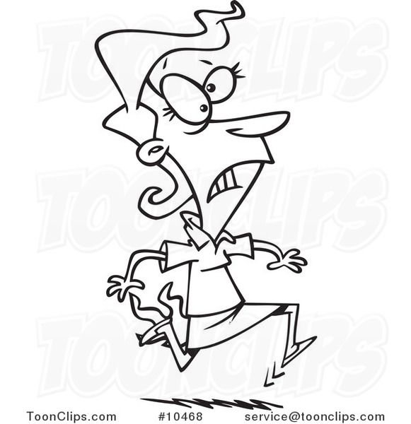 Cartoon Black and White Line Drawing of a Business Woman Running with Her Skirt on Fire