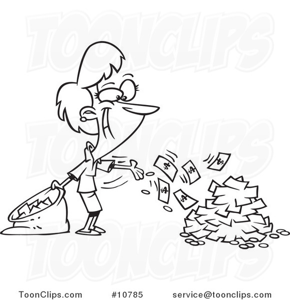 Cartoon Black and White Line Drawing of a Business Woman Spending Cash