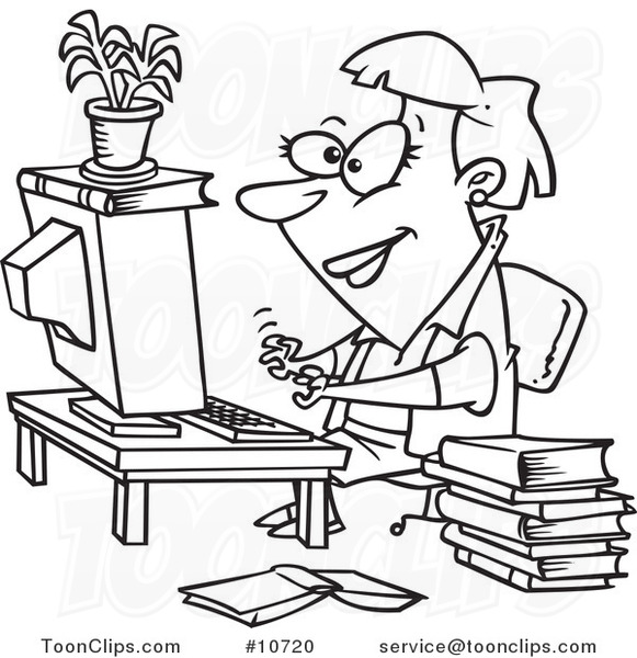 Cartoon Black and White Line Drawing of a Business Woman Working on a Computer