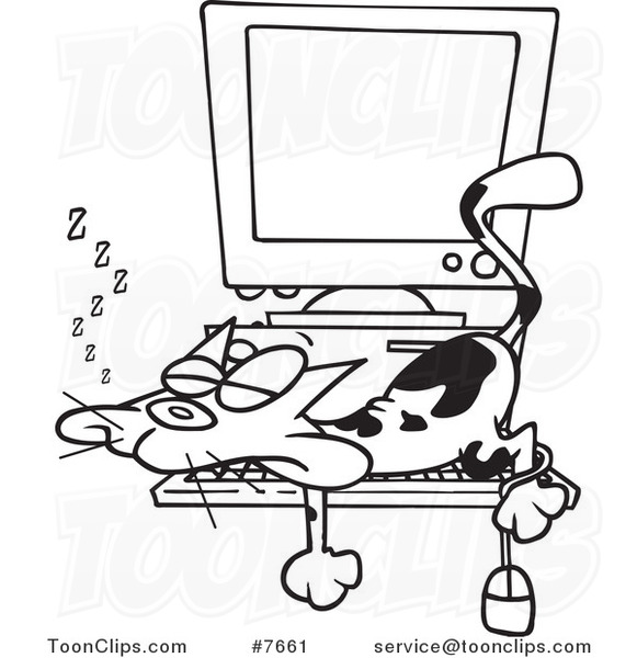 Cartoon Black and White Line Drawing of a Calico Cat Napping on a Keyboard