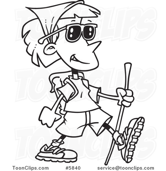 Cartoon Black and White Line Drawing of a Cartoon Hiking Lady #5840 by Ron  Leishman