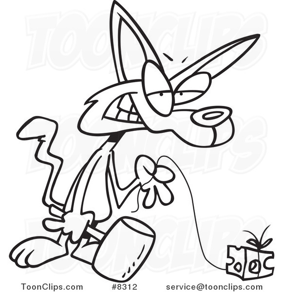 Cartoon Black and White Line Drawing of a Cat Holding a Hammer and Pulling Cheese on a String