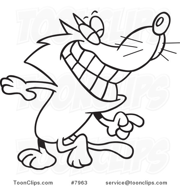 Cartoon Black and White Line Drawing of a Cat Looking Back and Grinning