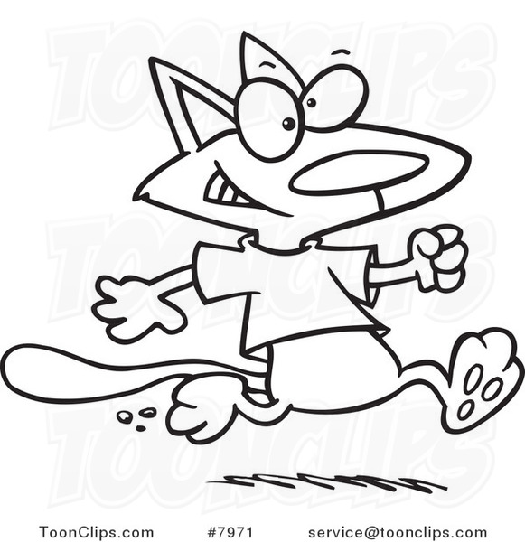 Cartoon Black and White Line Drawing of a Cat Running in a T Shirt