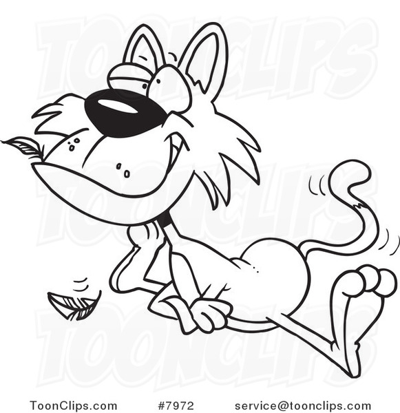 Cartoon Black and White Line Drawing of a Cat with a Bird in His Mouth