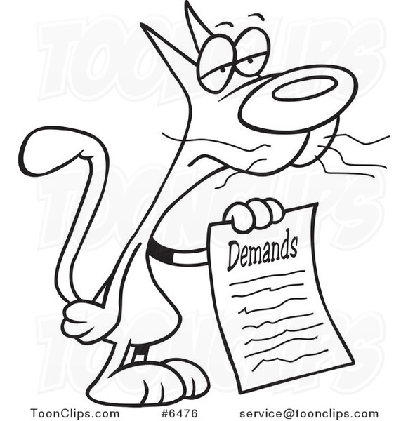 Cartoon Black and White Line Drawing of a Cat with a List of Demands