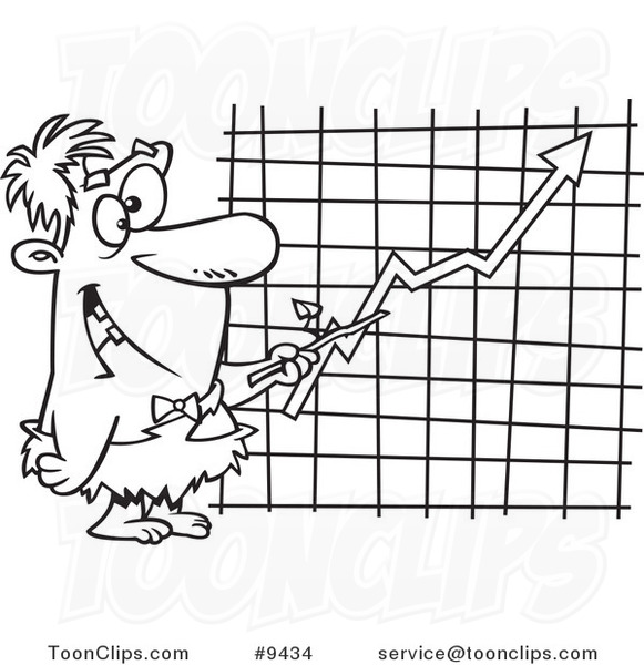Cartoon Black and White Line Drawing of a Caveman Executive Pointing to a Chart