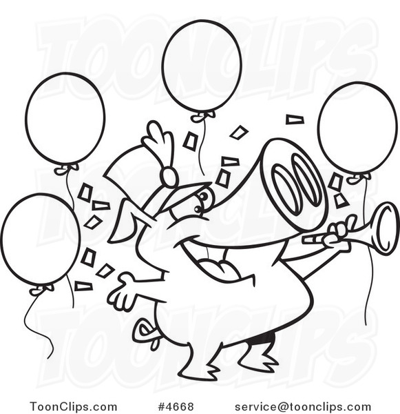 Cartoon Black and White Line Drawing of a Celebrating New Year Pig