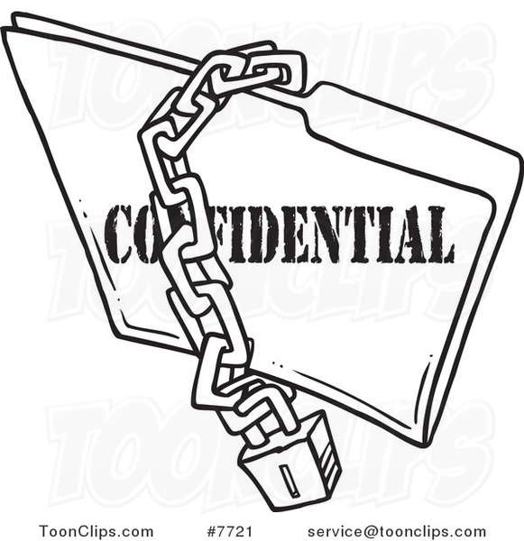 Cartoon Black and White Line Drawing of a Chain and Lock over a  Confidential Folder #7721 by Ron Leishman