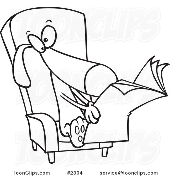 Cartoon Black and White Line Drawing of a Chair and Reading the News