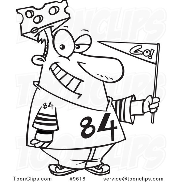 Cartoon Black and White Line Drawing of a Cheese Head Sports Fan