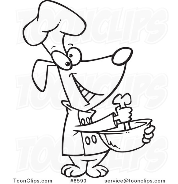 Cartoon Black and White Line Drawing of a Chef Dog Mixing with a Bone