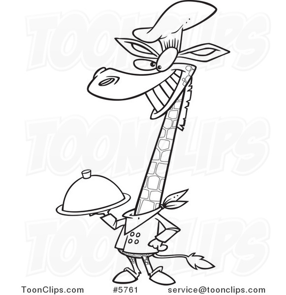 Cartoon Black and White Line Drawing of a Chef Giraffe Holding a Platter