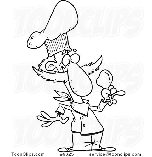 Cartoon Black and White Line Drawing of a Chef Holding a Chicken Drumstick