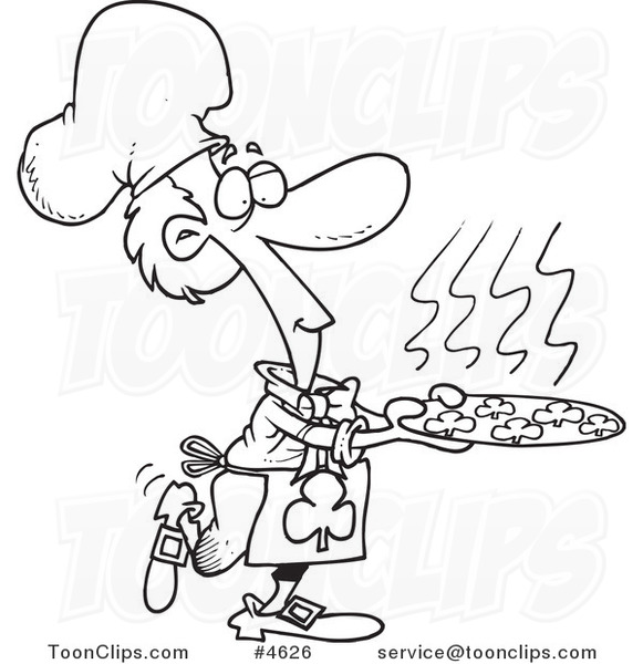 Cartoon Black and White Line Drawing of a Chef Leprechaun Serving Shamrock Cookies