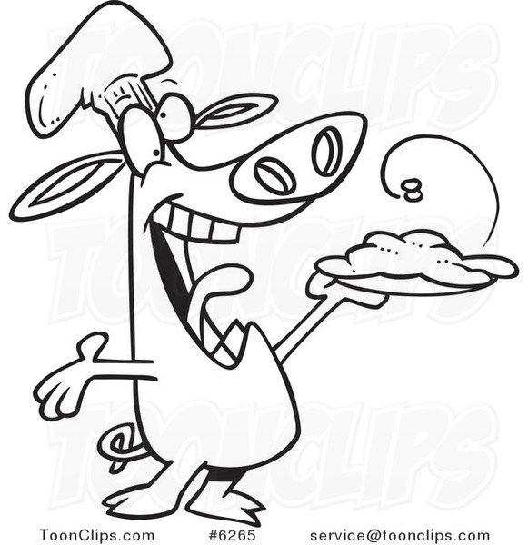 Cartoon Black and White Line Drawing of a Chef Pig Holding up His Masterpiece