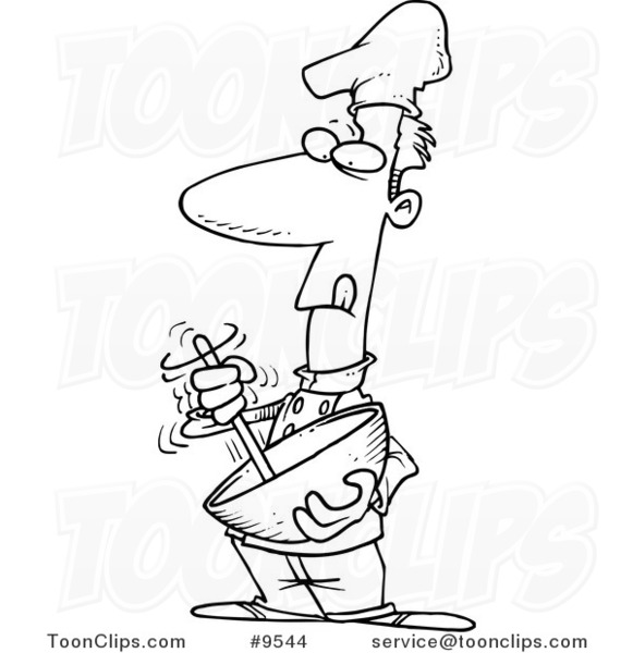Cartoon Black and White Line Drawing of a Chef Using a Mixing Bowl