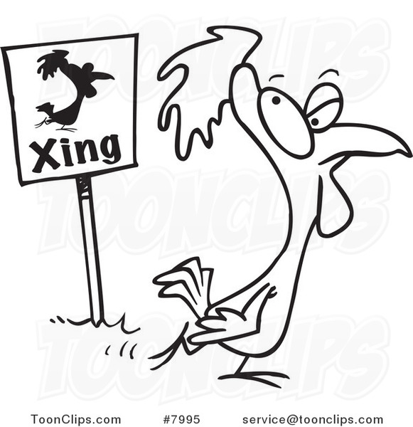 Cartoon Black and White Line Drawing of a Chicken Crossing by a Sign