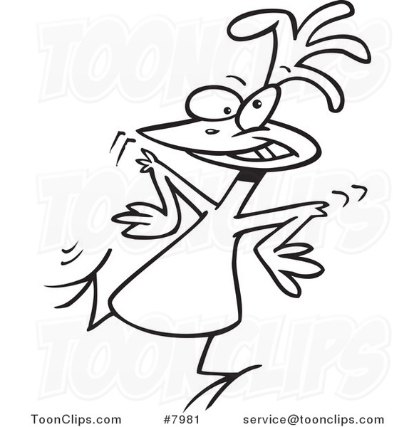 Cartoon Black and White Line Drawing of a Chicken Dancing