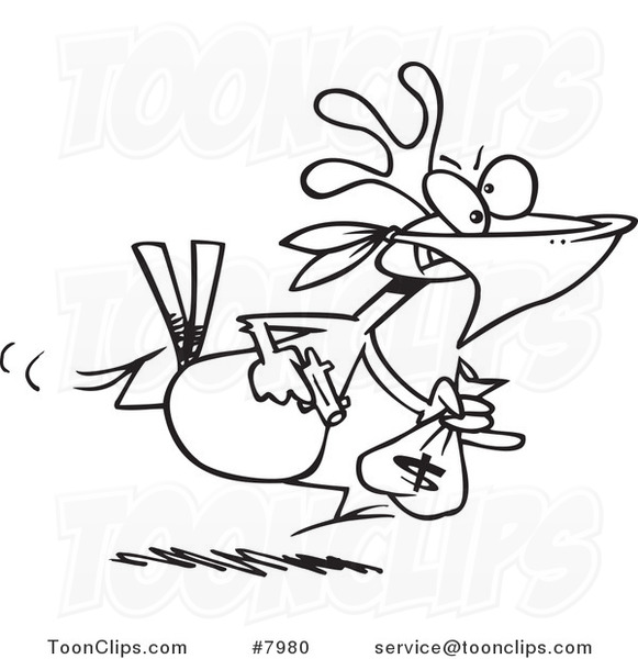 Cartoon Black and White Line Drawing of a Chicken Thief
