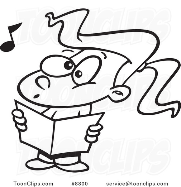 Cartoon Black and White Line Drawing of a Choir Girl Singing