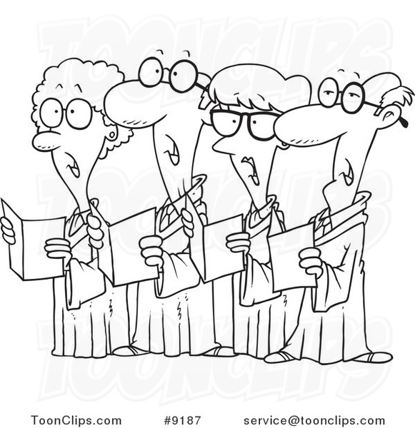 Cartoon Black and White Line Drawing of a Choir of Seniors