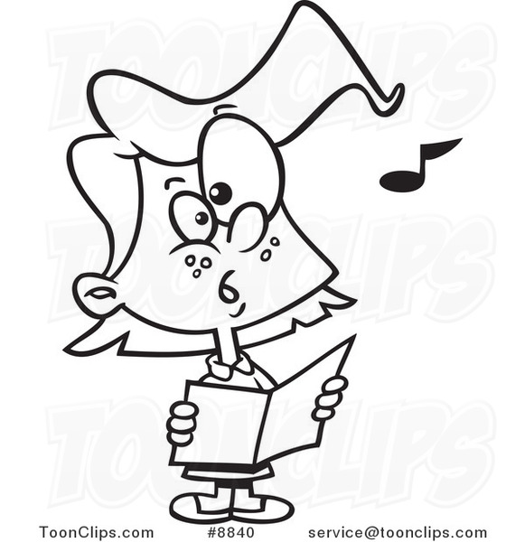 Cartoon Black and White Line Drawing of a Chorus Girl Singing