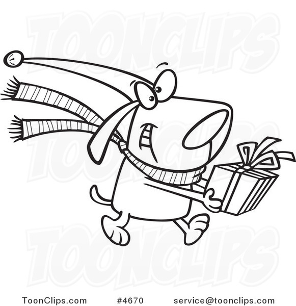 Cartoon Black and White Line Drawing of a Christmas Dog Carrying a Present