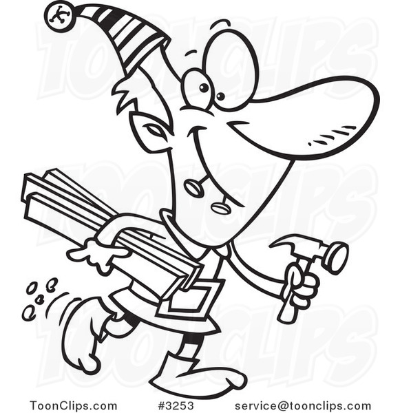Cartoon Black and White Line Drawing of a Christmas Elf Carrying Lumber and a Hammer