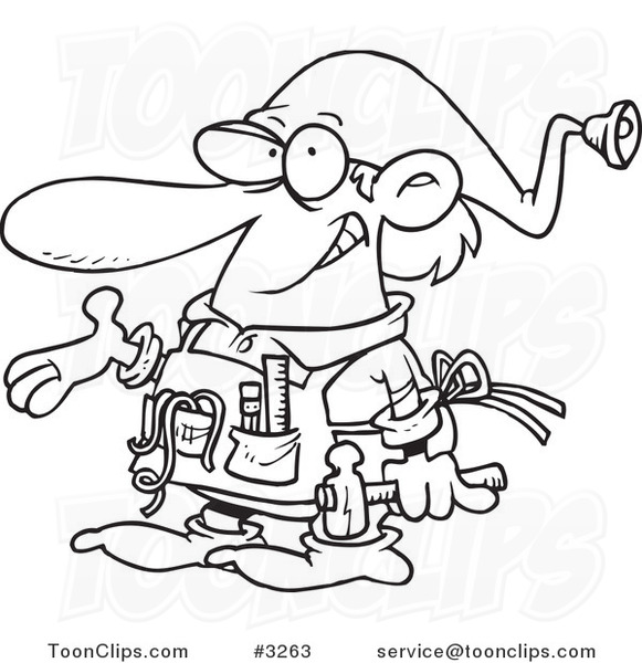 Cartoon Black and White Line Drawing of a Christmas Elf Handy Guy