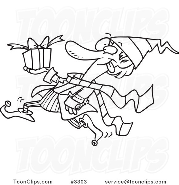 Cartoon Black and White Line Drawing of a Christmas Elf Running with a Gift