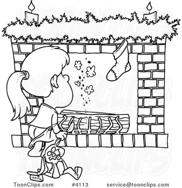 Cartoon Black and White Line Drawing of a Christmas Girl Waiting for Santa at the Fire Place