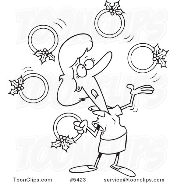 Cartoon Black and White Line Drawing of a Christmas Lady Juggling Five Golden Rings