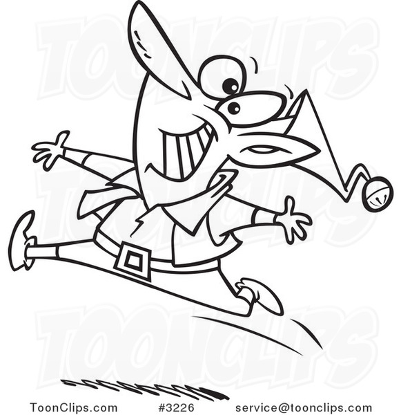 Cartoon Black and White Line Drawing of a Chritmas Elf Dancing