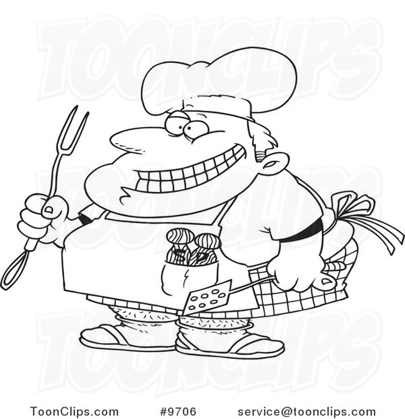 Cartoon Black and White Line Drawing of a Chubby Chef