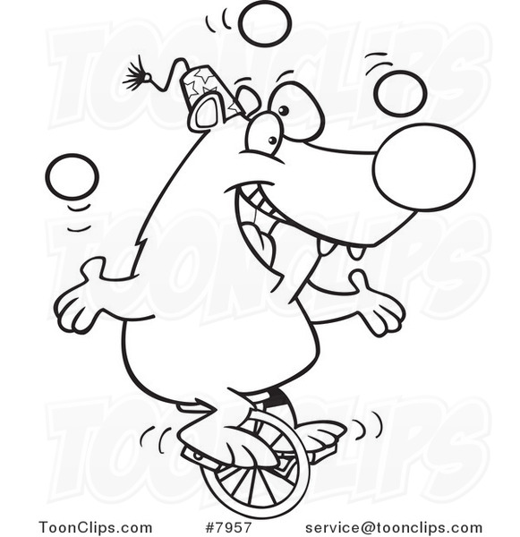 Cartoon Black and White Line Drawing of a Circus Bear Juggling on a Unicycle