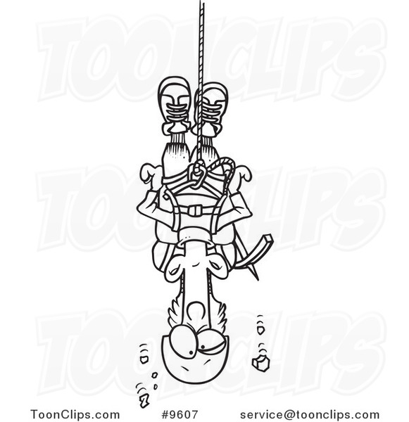 Cartoon Black and White Line Drawing of a Climber Suspended from Rope