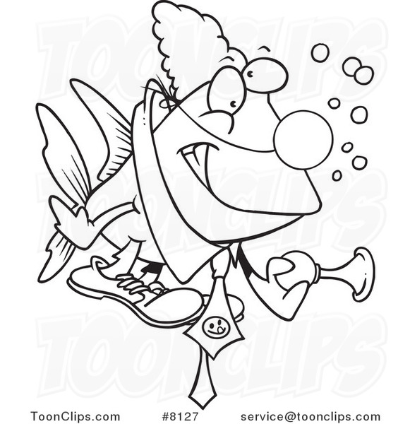 Cartoon Black and White Line Drawing of a Clown Fish Holding a Horn